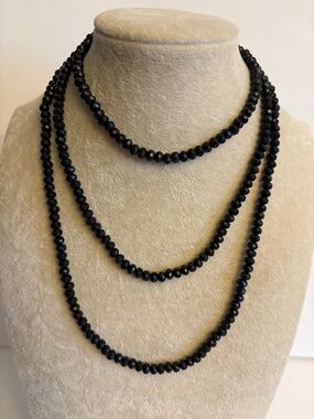 Long Black Faceted Bead Necklace 46” | Layering Strand Wrap  Minimalist